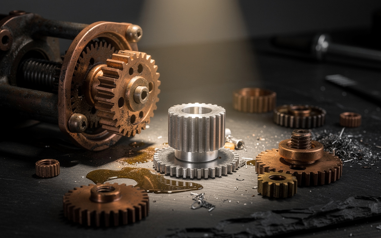 Updating old blog posts for SEO shown as a tarnished gear mechanism with one freshly polished replacement gear on a workbench.
