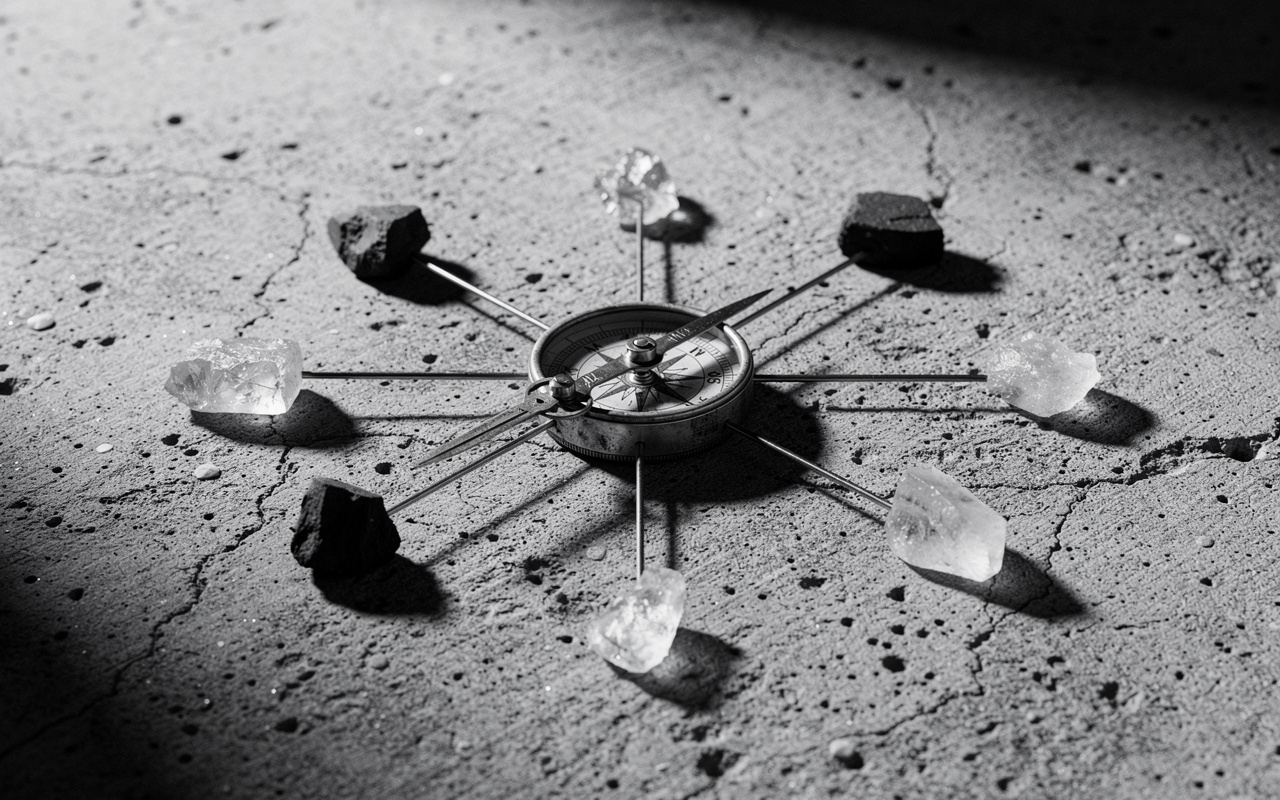 A brass compass on concrete with several fine needles pointing toward scattered mineral fragments, illustrating how a collection page targets many specific long-tail queries.