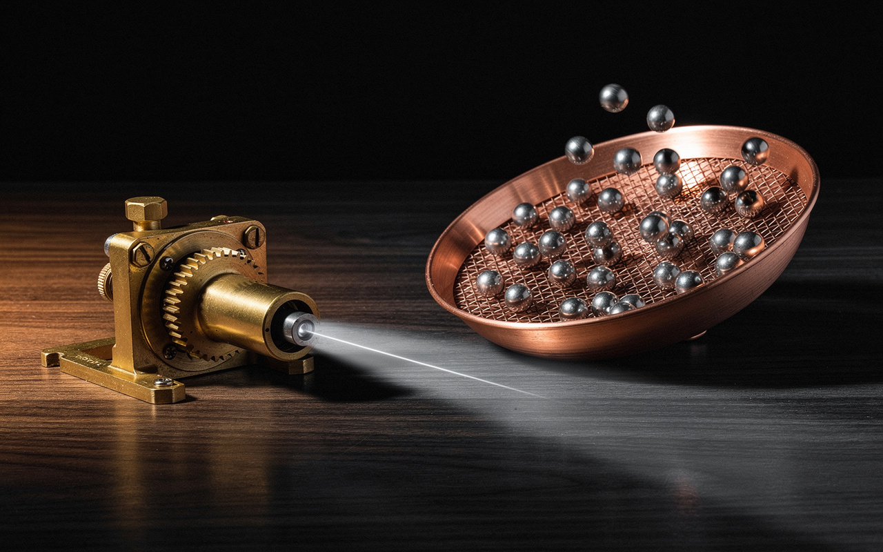 Kit versus Beehiiv for paid newsletters shown as a brass valve regulating a narrow stream beside a copper sieve passing many spheres.