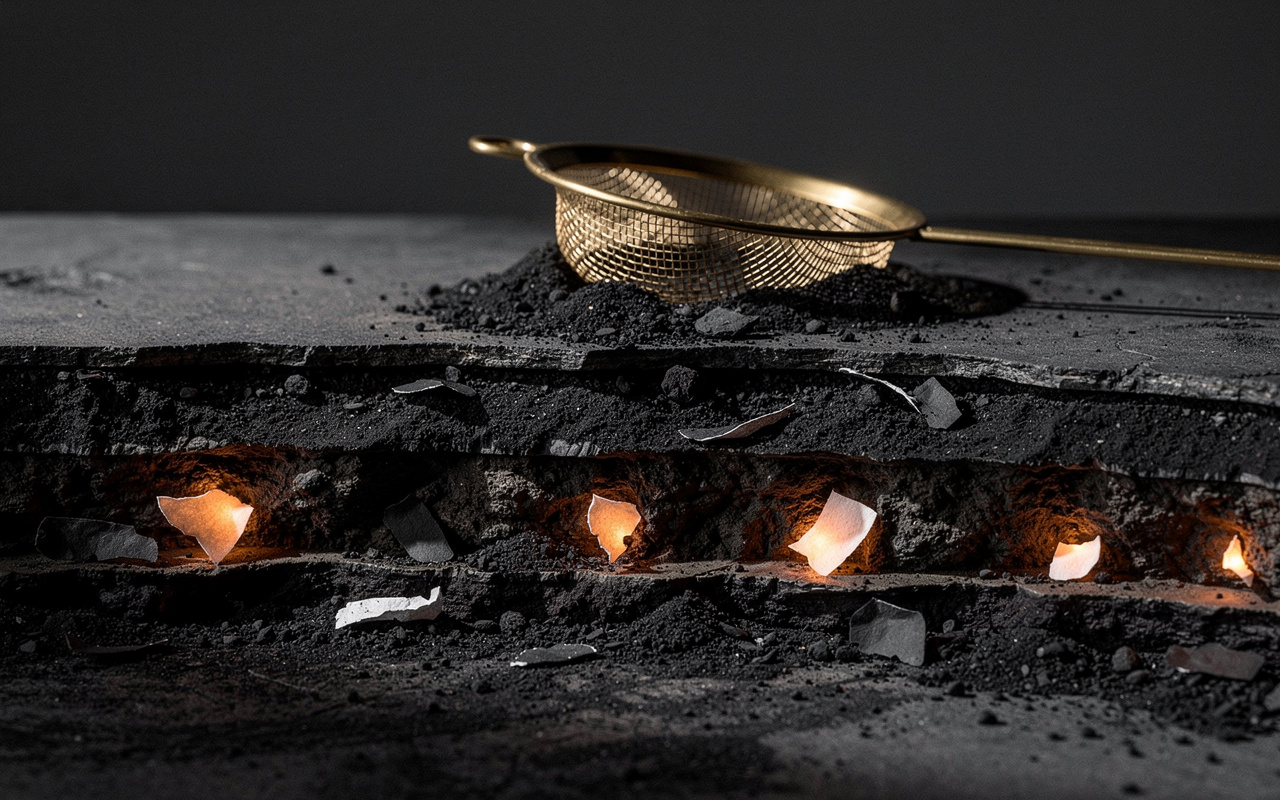 Customer research on Reddit visualized as glowing paper fragments buried in dark sediment layers with a brass sieve.