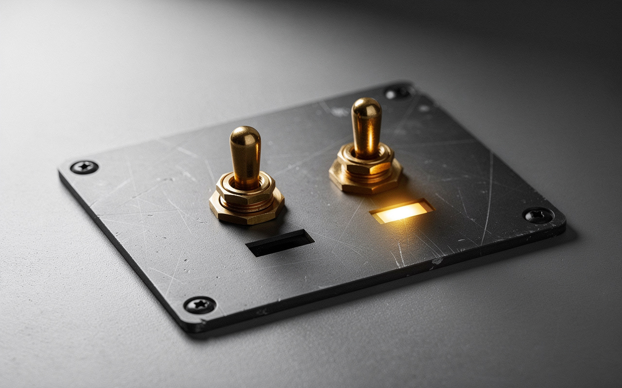 ai overviews not showing up: aI overview missing from search results represented by two brass toggle switches on a metal plate, one dark and off, one glowing on.