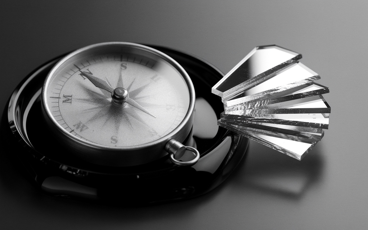 A brass compass needle pointing toward scattered mirror fragments that each reflect a different sliver of light, symbolising how traditional SEO tools can only approximate AI search visibility.
