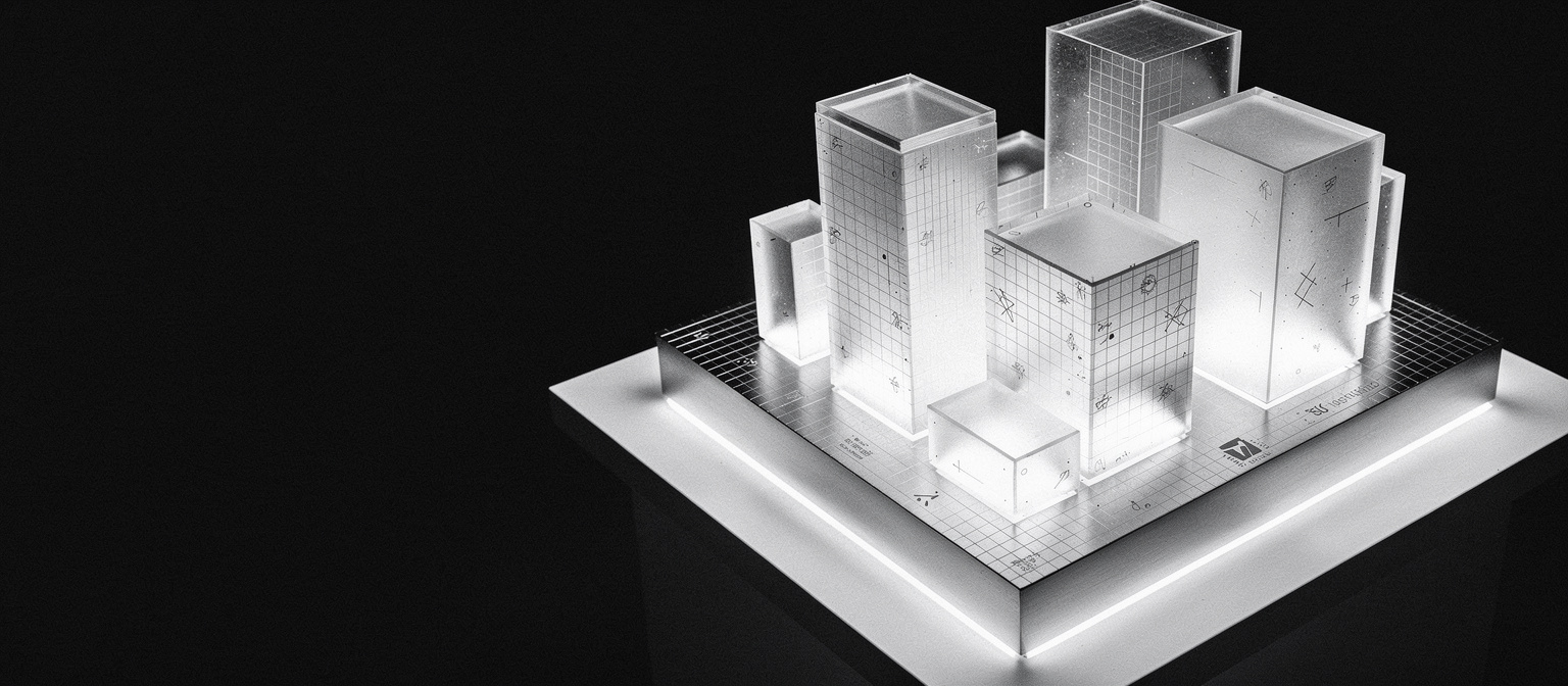 A polished architectural model of a city block made of brushed aluminum and frosted glass, lit from below, with empty dark space on the left side for title overlay.