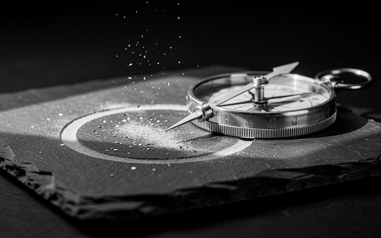 Category creation definition visualized as a brass instrument scoring a new circular boundary into dark slate.