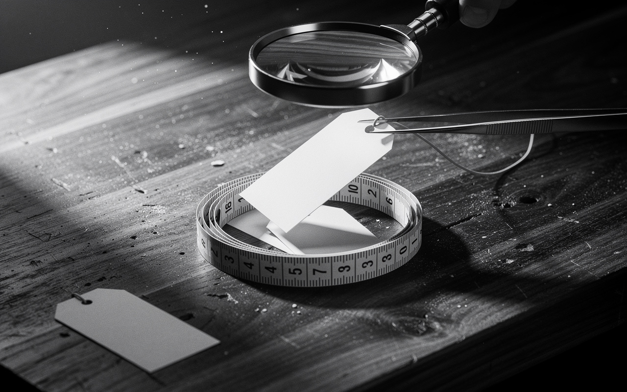 Why Etsy SEO isn't working, shown as a loupe and tweezers inspecting blank paper tags on a workbench.