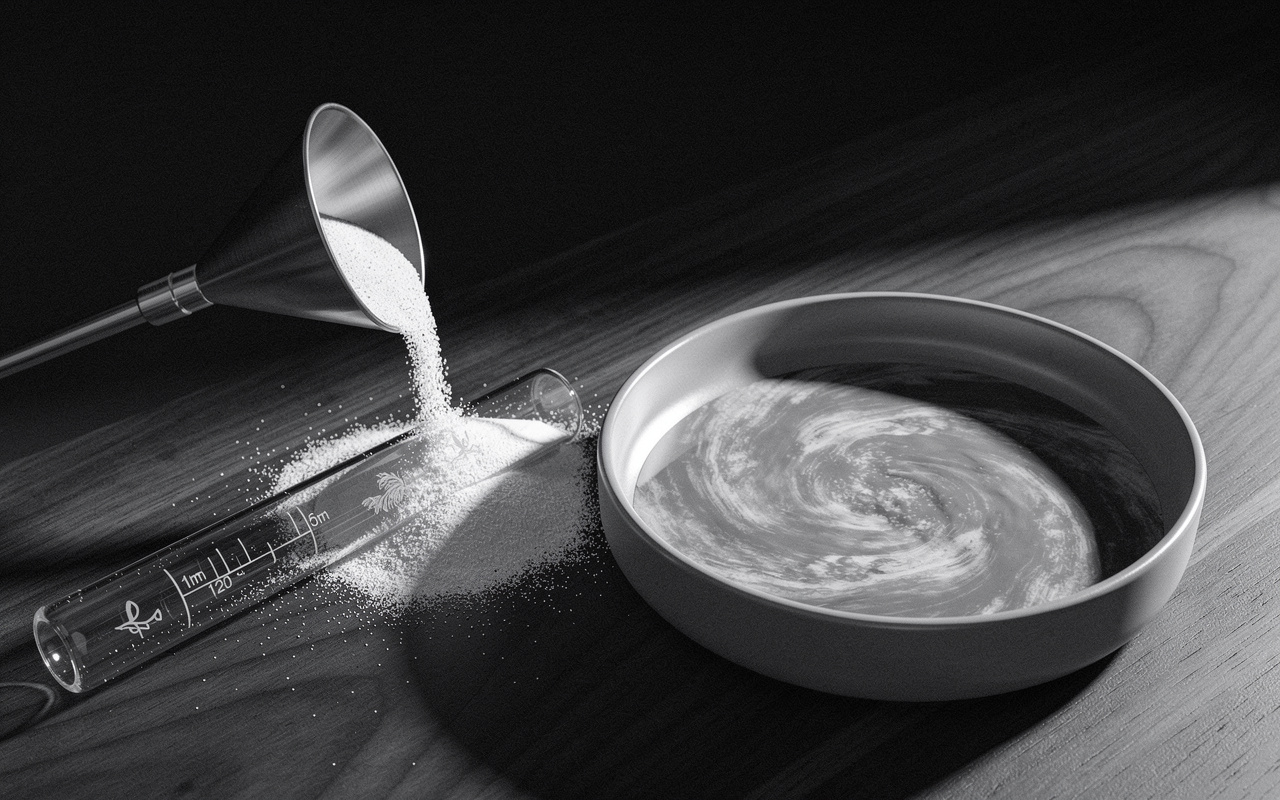 answer engine optimization vs generative engine optimization: aEO versus GEO strategy illustrated as sand funneled into a single tube beside a dish of swirling blended mineral powders.