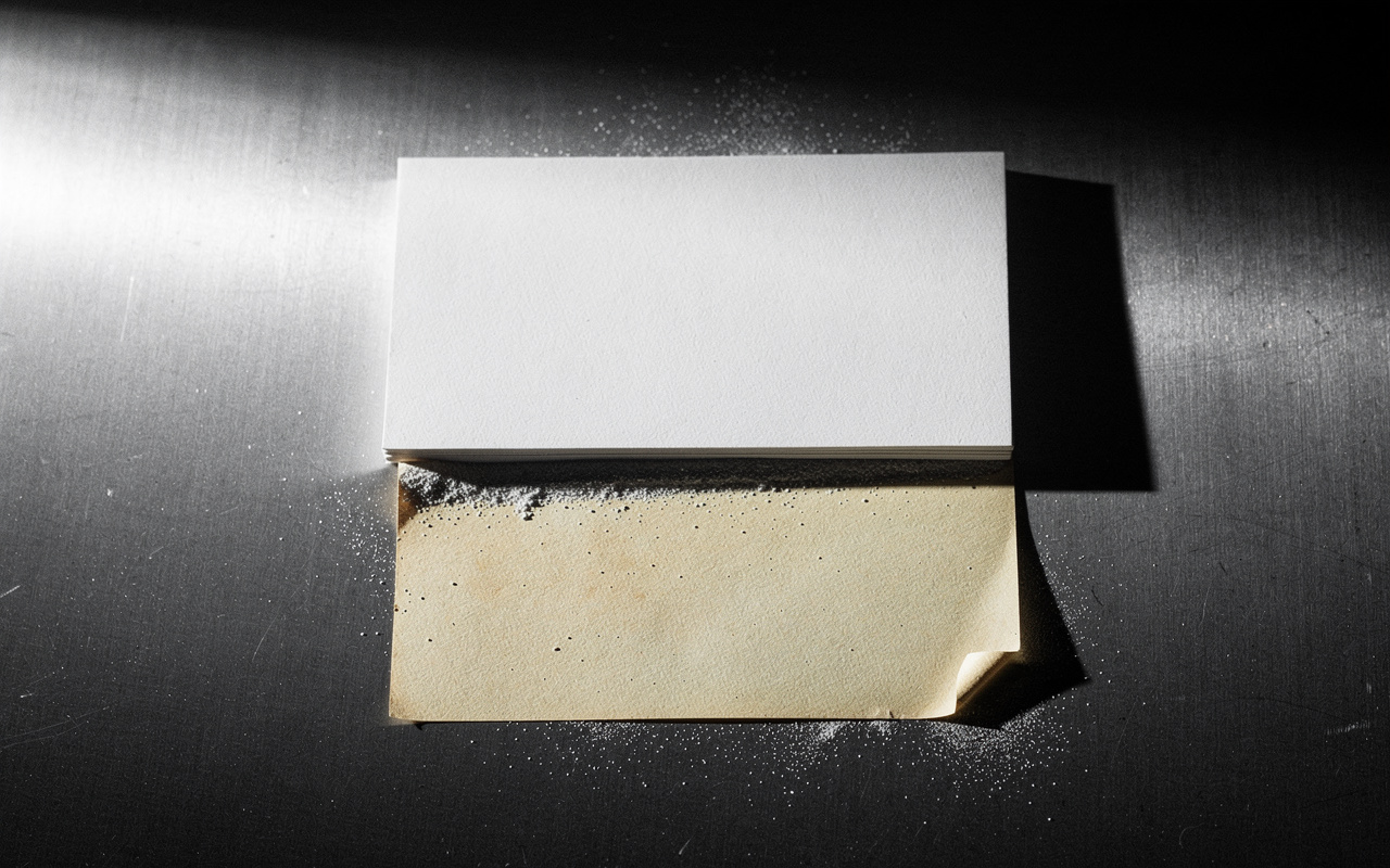Two business cards stacked on brushed steel, one white and one yellowed, with a narrow beam of light tracing the seam between them.