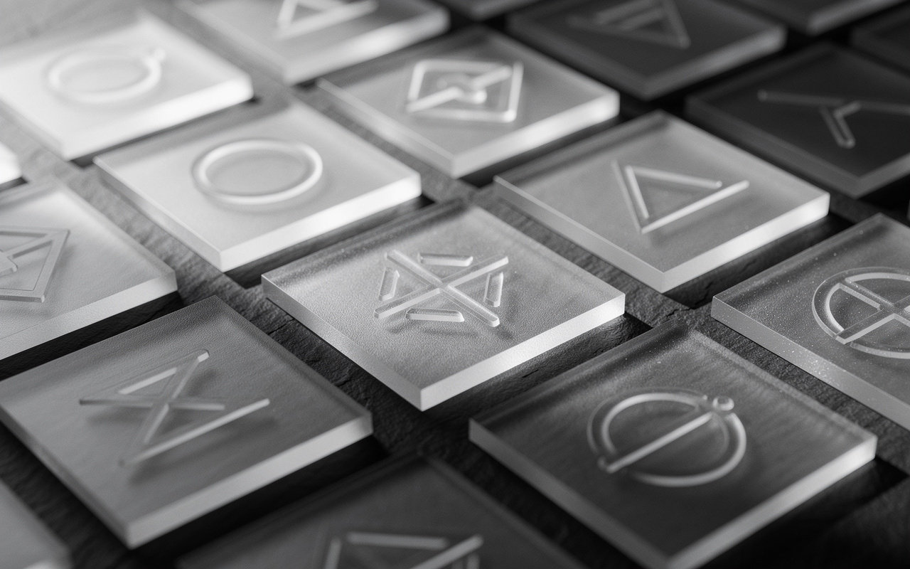 A grid of frosted glass tiles with embossed abstract geometric symbols on a dark slate surface, some lit and others in shadow, illustrating structured data fields for AI extraction.