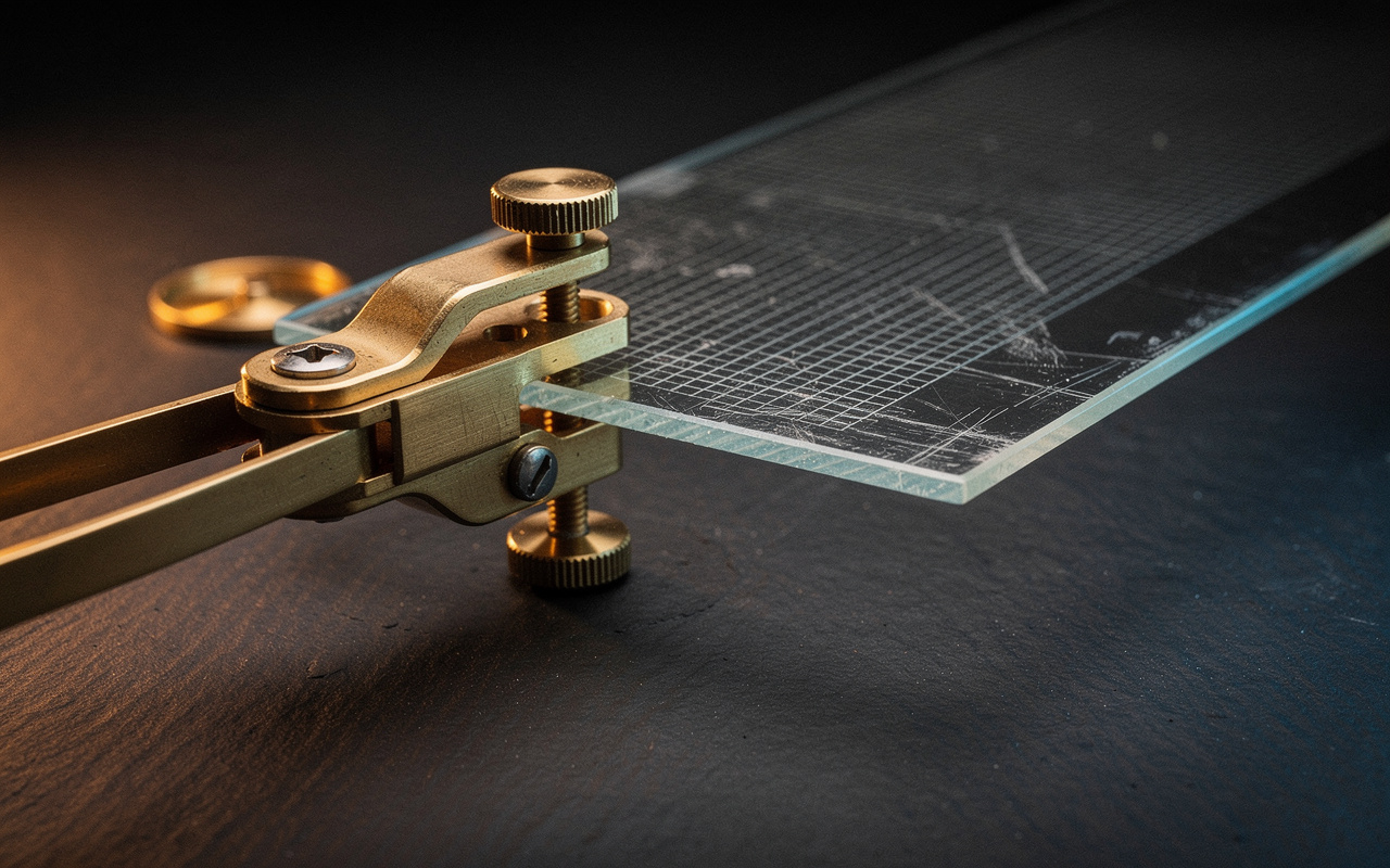A brass clamping tool gripping a glass slab etched with a grid pattern, representing how AI engines extract structured comparison data from a well-built collection page.