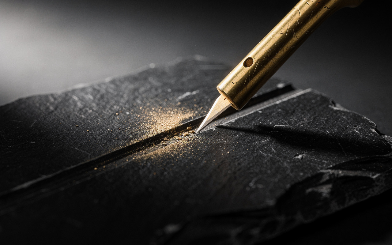 Writing alt text for Instagram shown as a brass stylus engraving a fine groove into a dark slate surface.