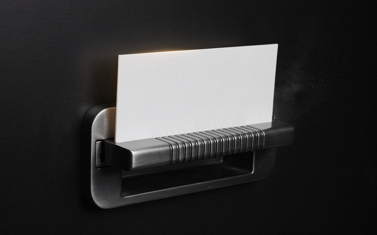 Keyword placement in Instagram captions visualised as a thick blank card sliding into a dark metal indexing slot under warm light.