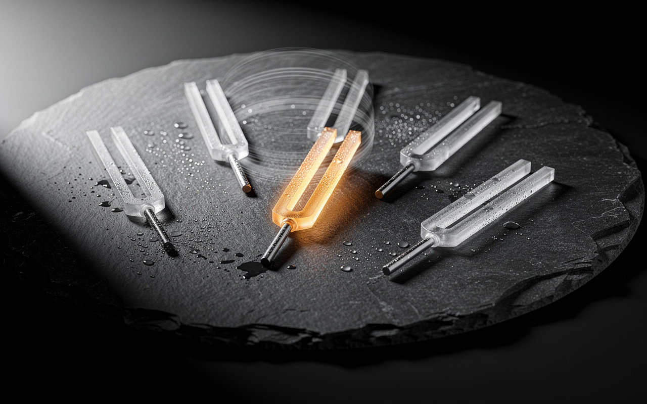 TikTok search optimization visualized as one glass tuning fork resonating warm amber among still, untuned forks.