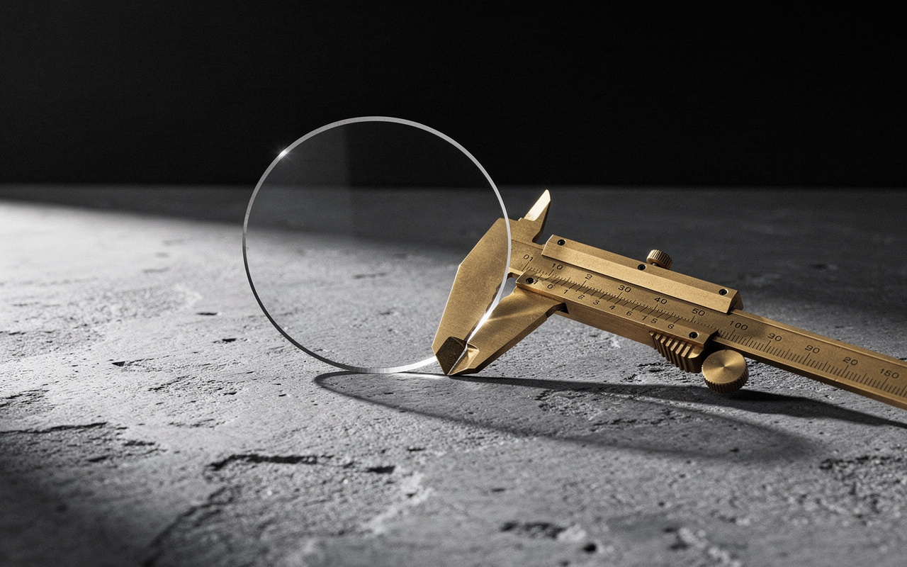 A brass caliper measuring an amber glass disc, representing the precise timing needed when learning how to get case studies from customers.