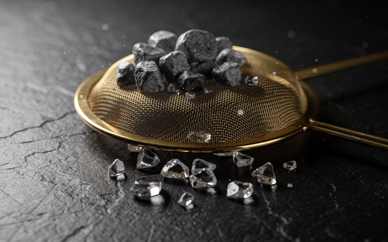 voice of customer research methods: customer language mining shown as a brass sieve separating glowing glass fragments from dull stones on slate.