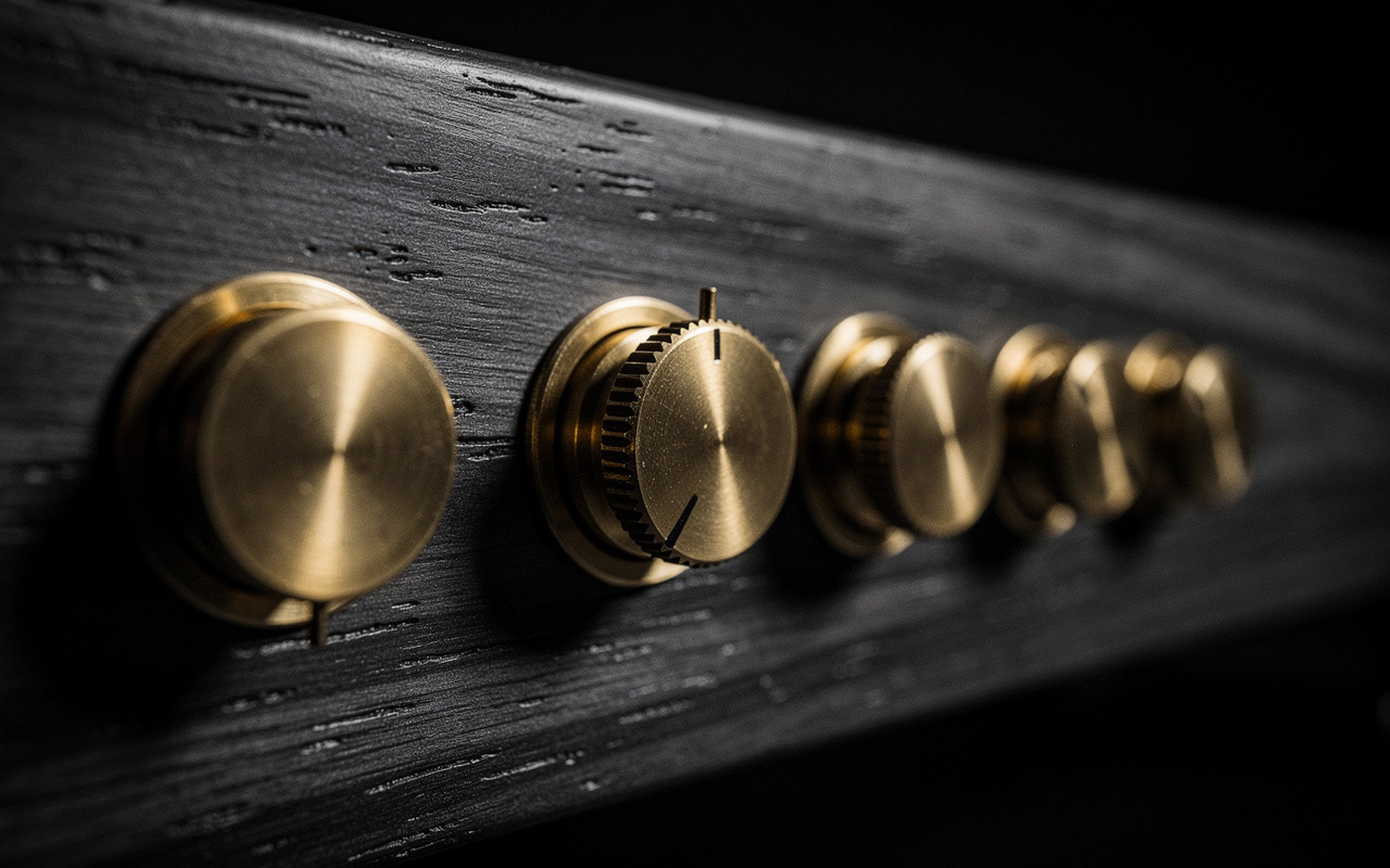Optimizing a Facebook Page shown as brass tuning dials on a dark wood panel, one dial turned precisely into alignment.