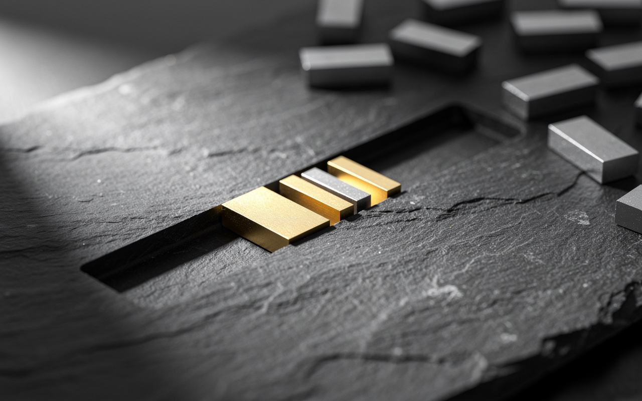 Instagram display name keywords shown as blank brass letterpress blocks set into a carved field on dark slate.