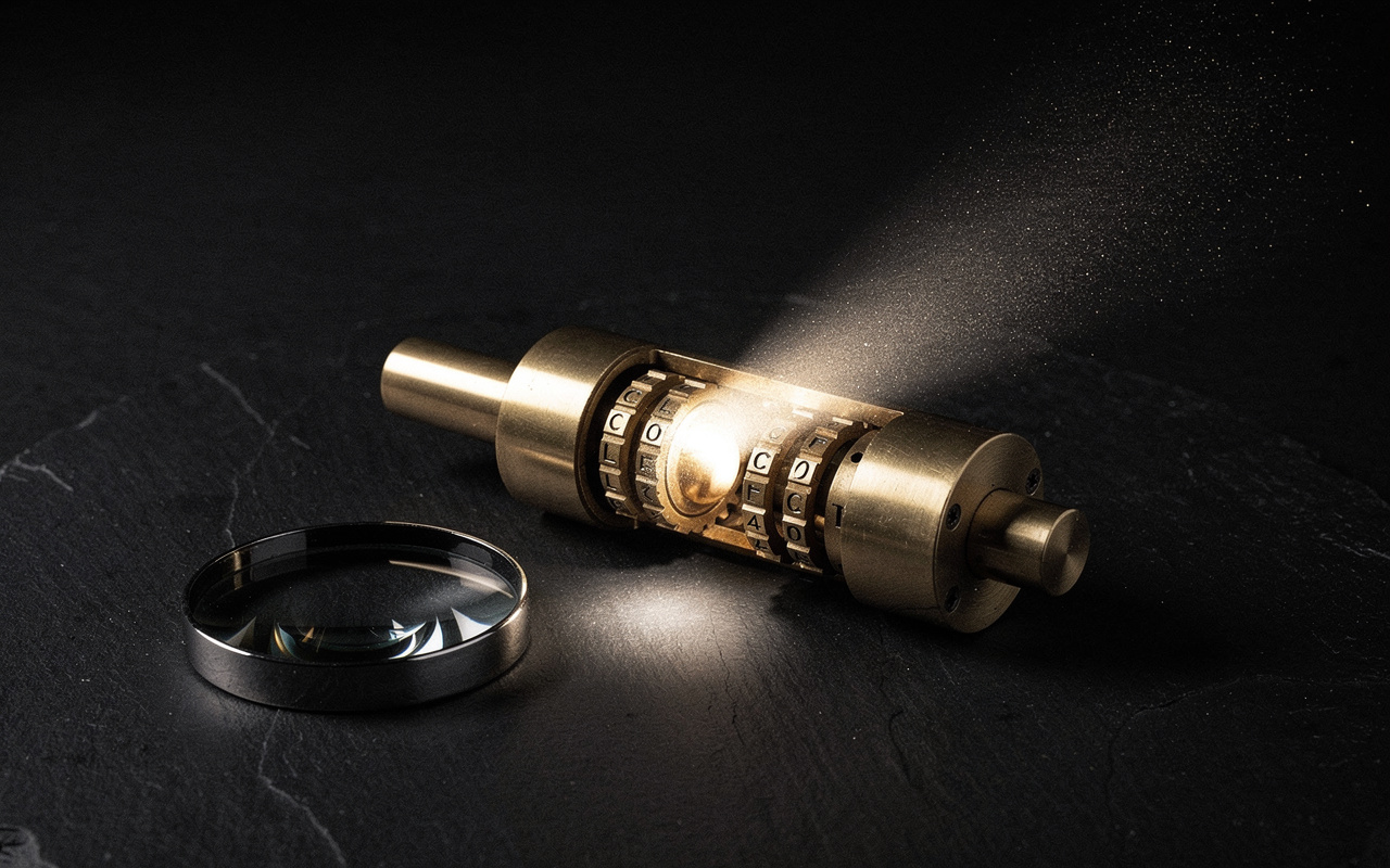 An open brass lock mechanism with a magnifying lens directing light onto a single tumbler pin, illustrating the need to inspect the specific cause before attempting to recover a suspended Google Business Profile.