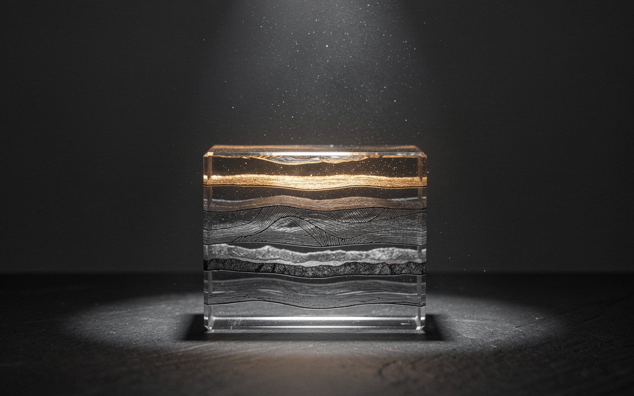 Marketing on Quora visualised as a solid glass block of layered answer strata on dark slate, the top layer lit warm amber.