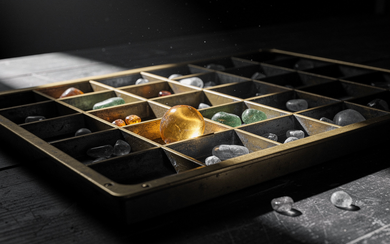 YouTube keyword research shown as a brass sorting tray of glass pebbles, with one luminous oversized pebble standing out among small ones.