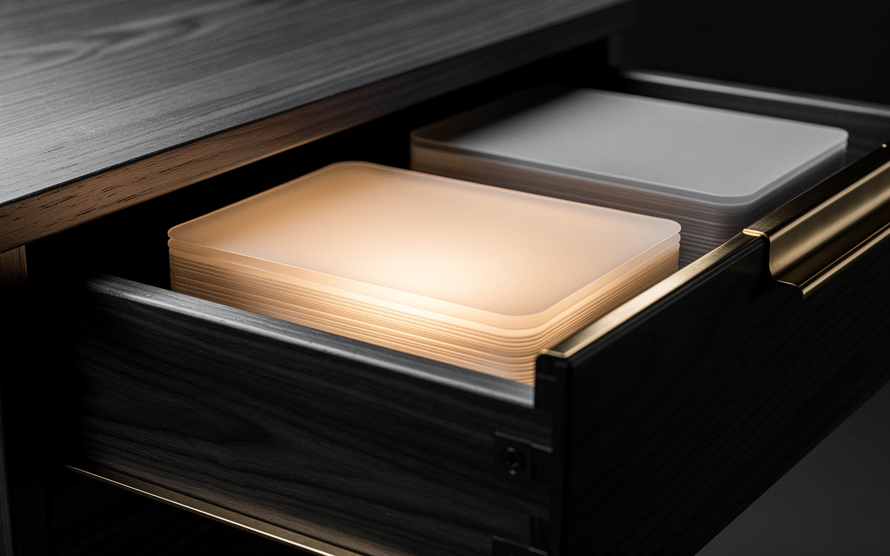 Substack SEO indexing mechanics shown as vellum cards in a wooden drawer, one stack glowing warm among cool grey ones.