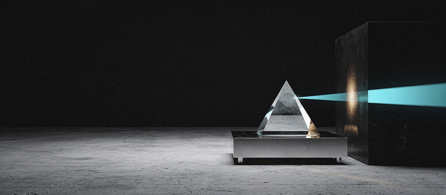 A glass prism projects a beam of light that is blocked by a dark cube, while a fainter beam passes beyond it, illustrating the gap between search tracking tools and AI answer engines.