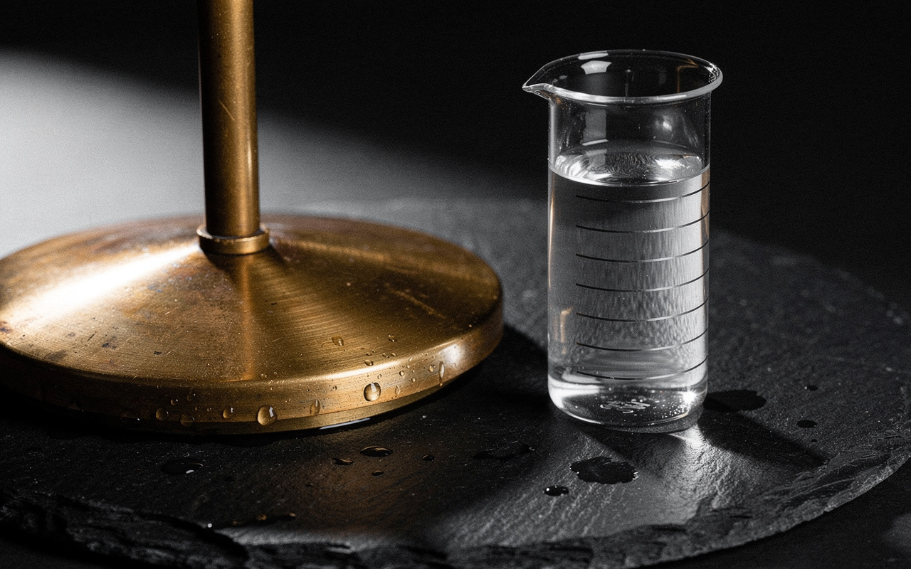 Analyzing other YouTube channels through public metrics, shown as a brass gauge and water-filled glass cylinder rising past engraved measurement rings.