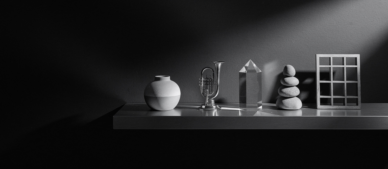 A long steel display shelf holding five distinct objects lit from the side, illustrating how a well-structured collection page gives AI engines comparative context to cite.