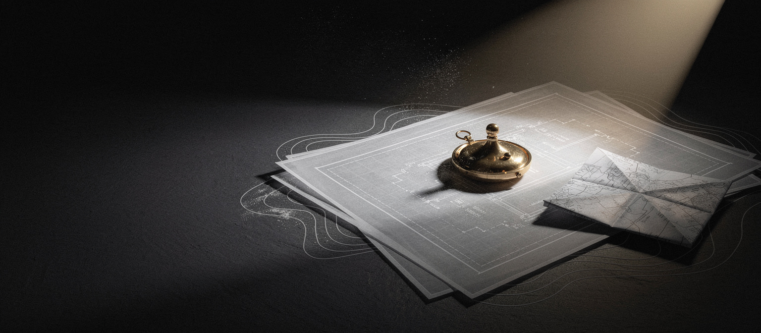 A brass compass and folded map sit on a dark architectural blueprint, representing curated guidance for AI crawlers navigating a site.