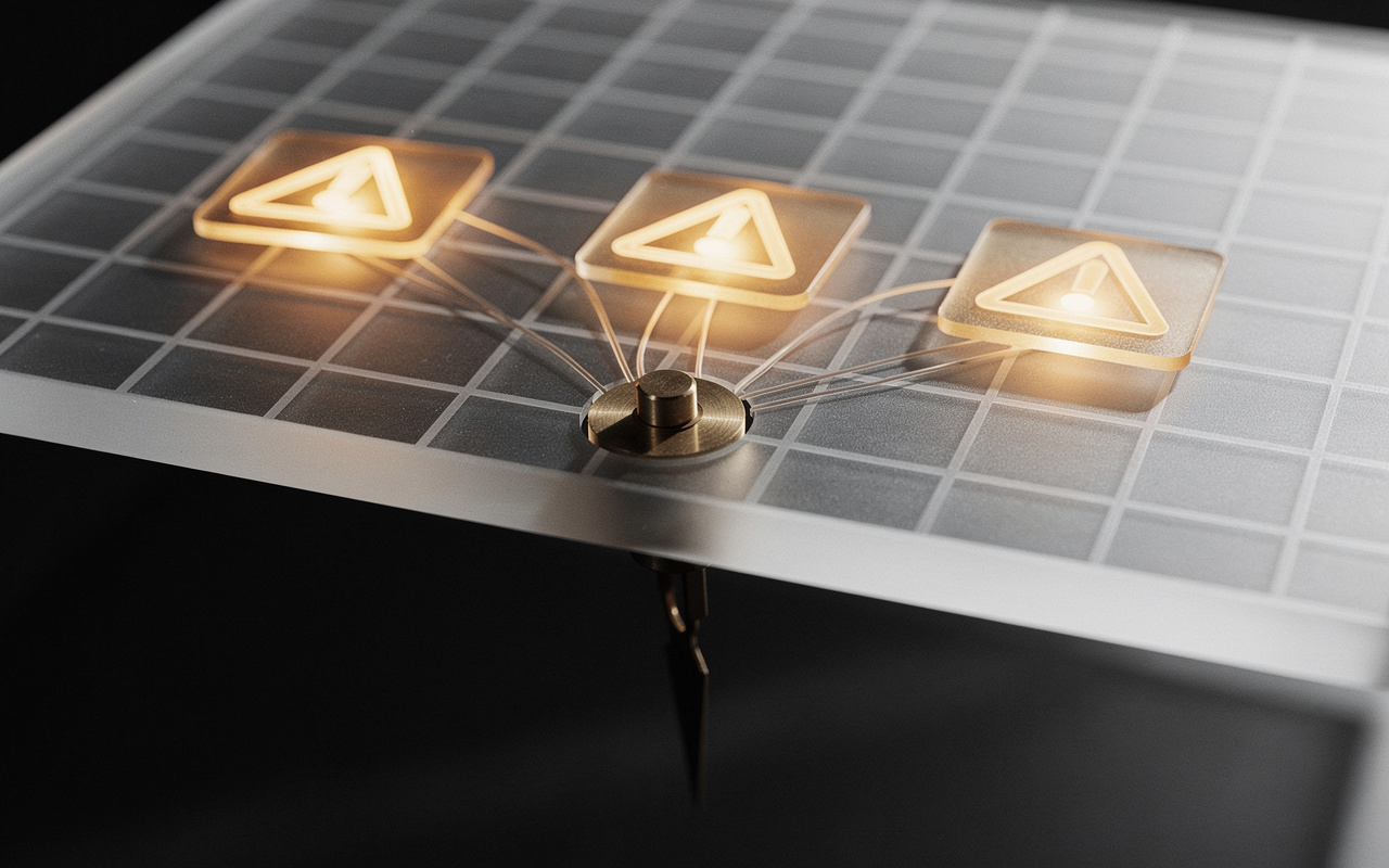 internal linking audit: audit spreadsheet shown as translucent glass cells with three amber warnings connected by threads to a central compass.